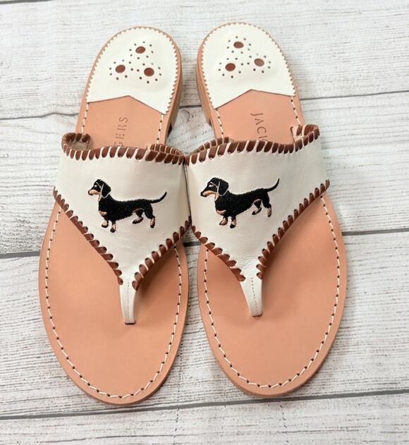Jack Rogers Shoes - Jack Rogers Embroidered Leather Thong Sandals Dachshund Dog White Brazil Size 11
